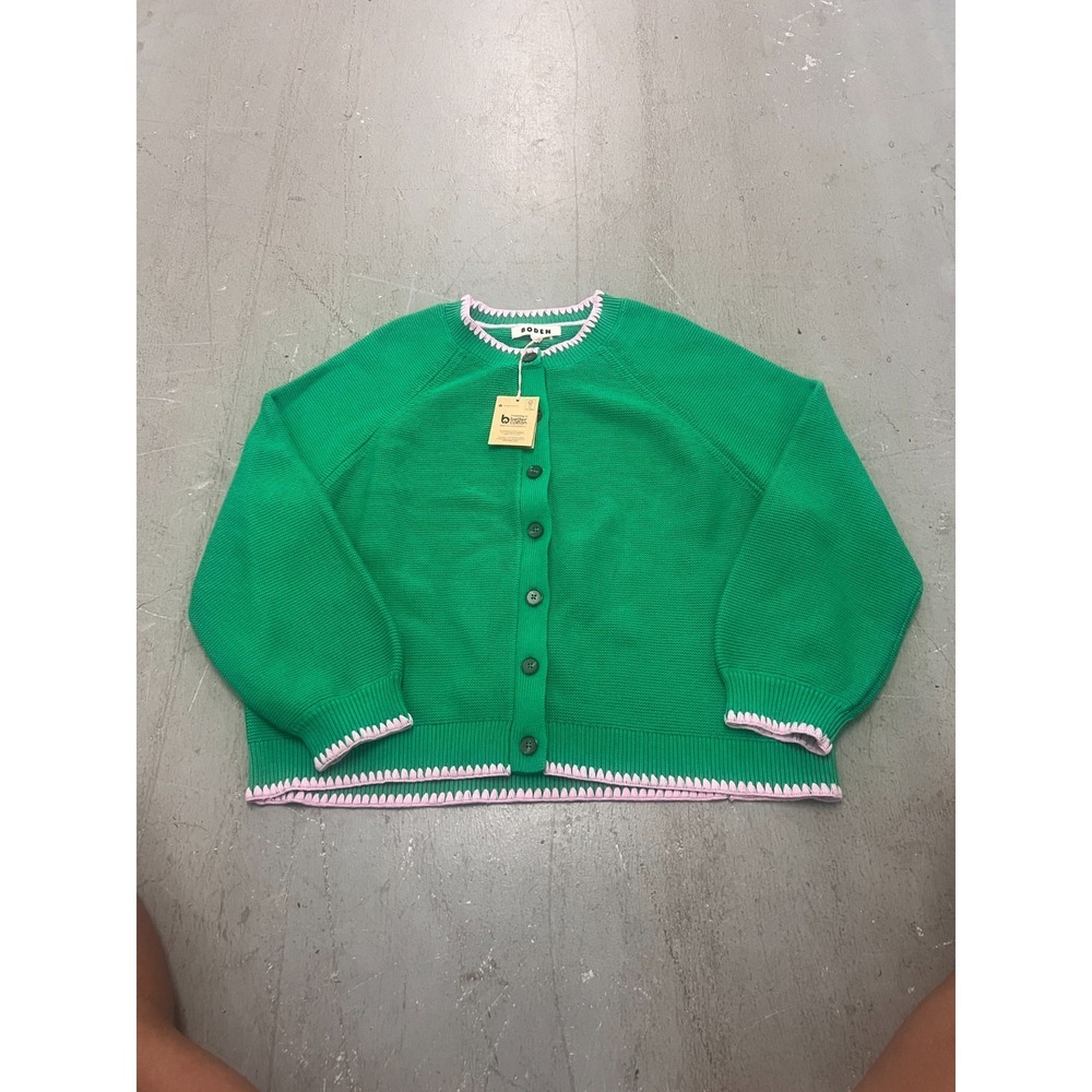 Boden Lena Cardigan Womens Large Green Knit Stitch Detail Long Sleeve Cozy NWT